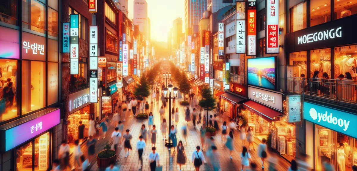 Bustling Myeongdong shopping street in Seoul at night with neon lights and K-pop advertisements, vib