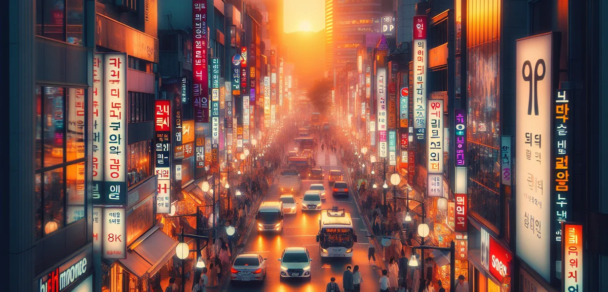 Bustling Myeongdong shopping street in Seoul at night with neon lights and K-pop advertisements, vib