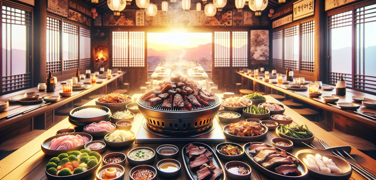 Delicious Korean BBQ with grilled meat on table grill, side dishes banchan, authentic Korean restaur
