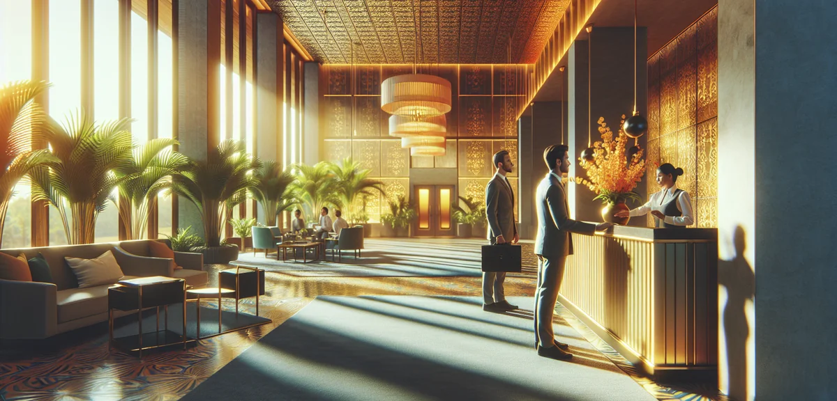 Business person checking into hotel at reception desk, professional attire, modern hotel lobby, prof