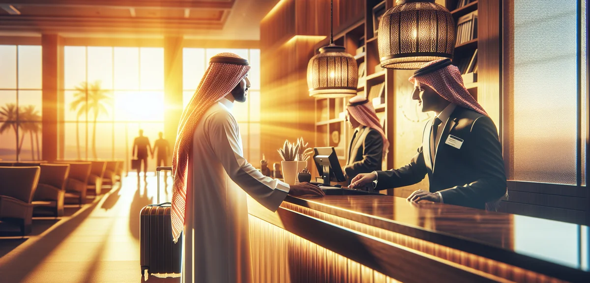 Business person checking into hotel at reception desk, professional attire, modern hotel lobby, prof