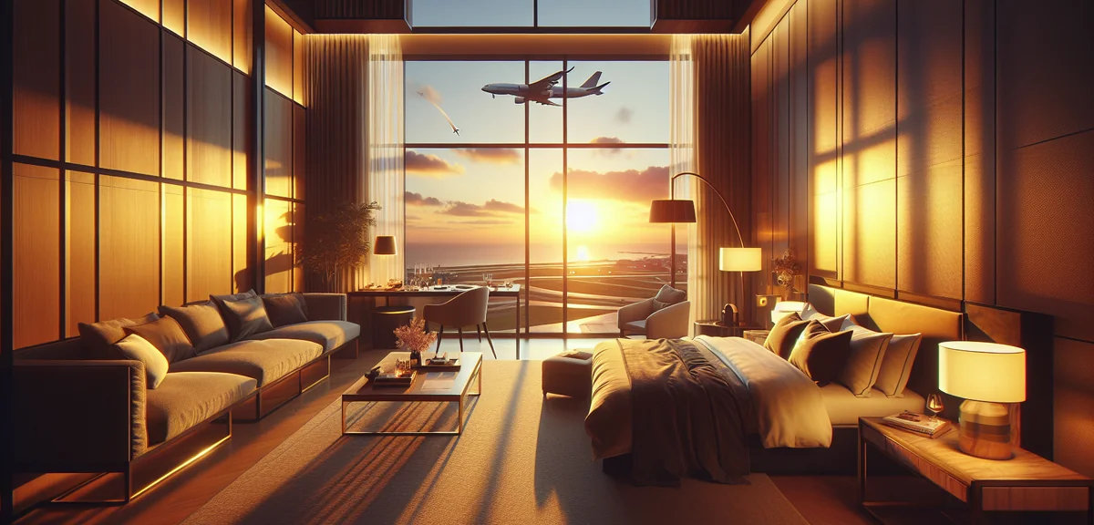 Comfortable hotel room with view of airplane through window, cozy travel accommodation, warm lightin
