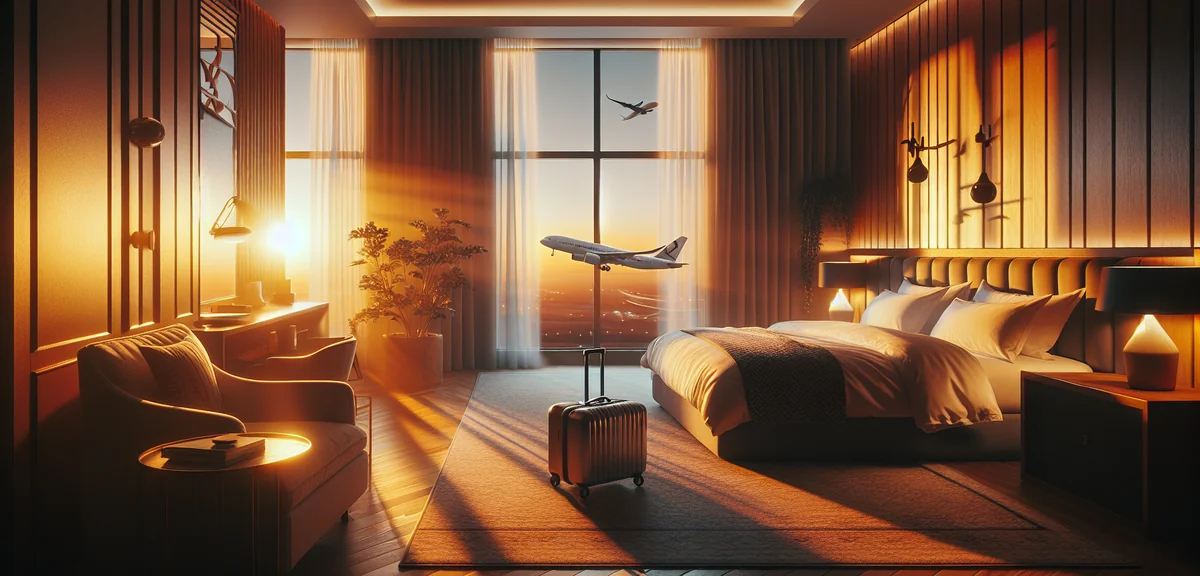 Comfortable hotel room with view of airplane through window, cozy travel accommodation, warm lightin
