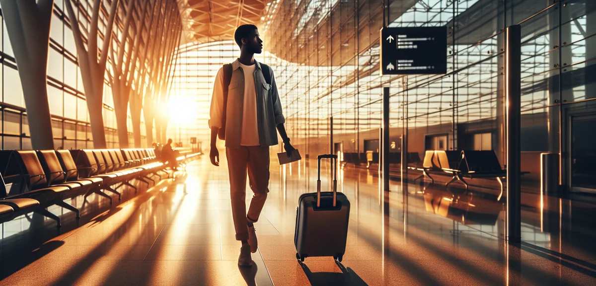 Traveler with suitcase walking through modern airport terminal early morning, departure gates, profe