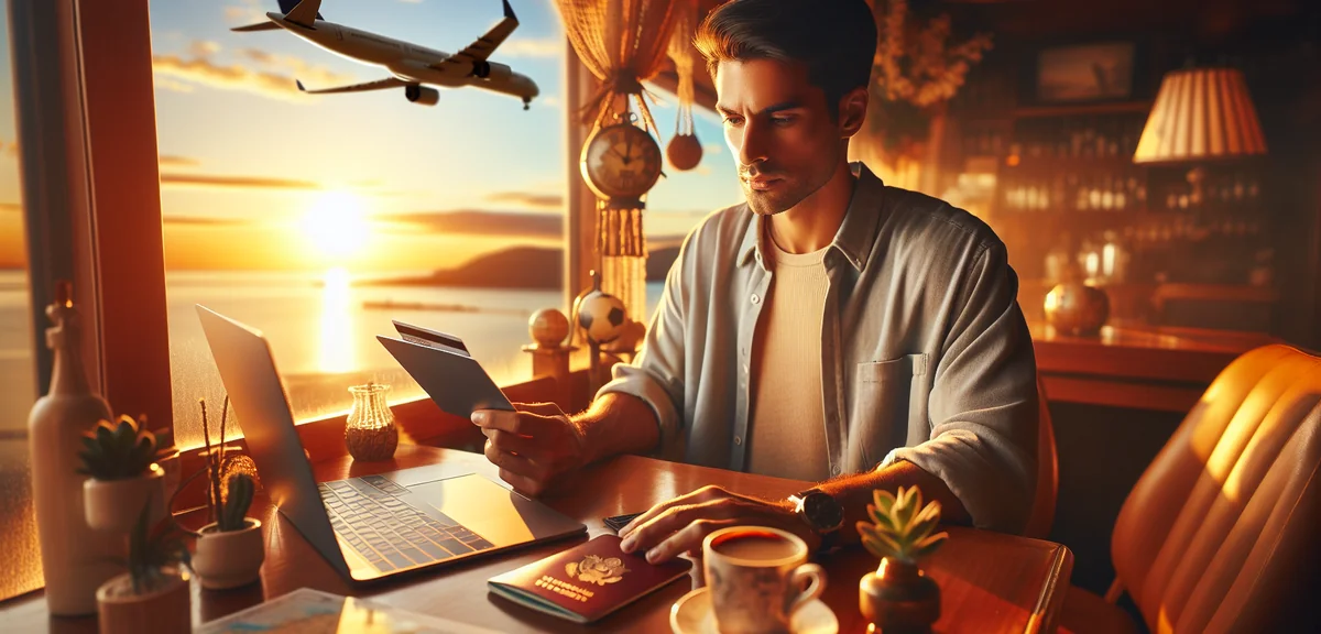 Person holding passport and credit card, travel booking on laptop screen, organized travel planning,