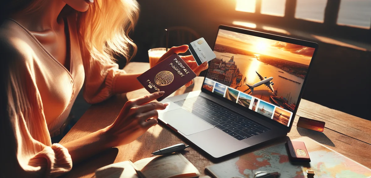 Person holding passport and credit card, travel booking on laptop screen, organized travel planning,