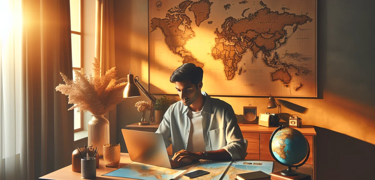 Person researching travel packages on laptop with world map on wall, travel planning concept, modern