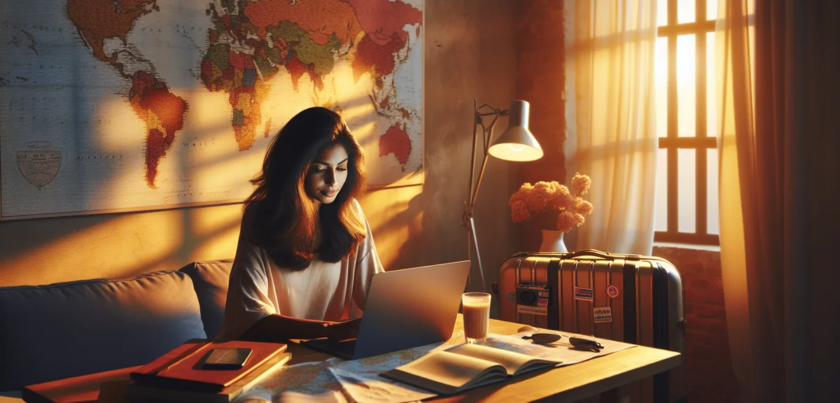 Person researching travel packages on laptop with world map on wall, travel planning concept, modern