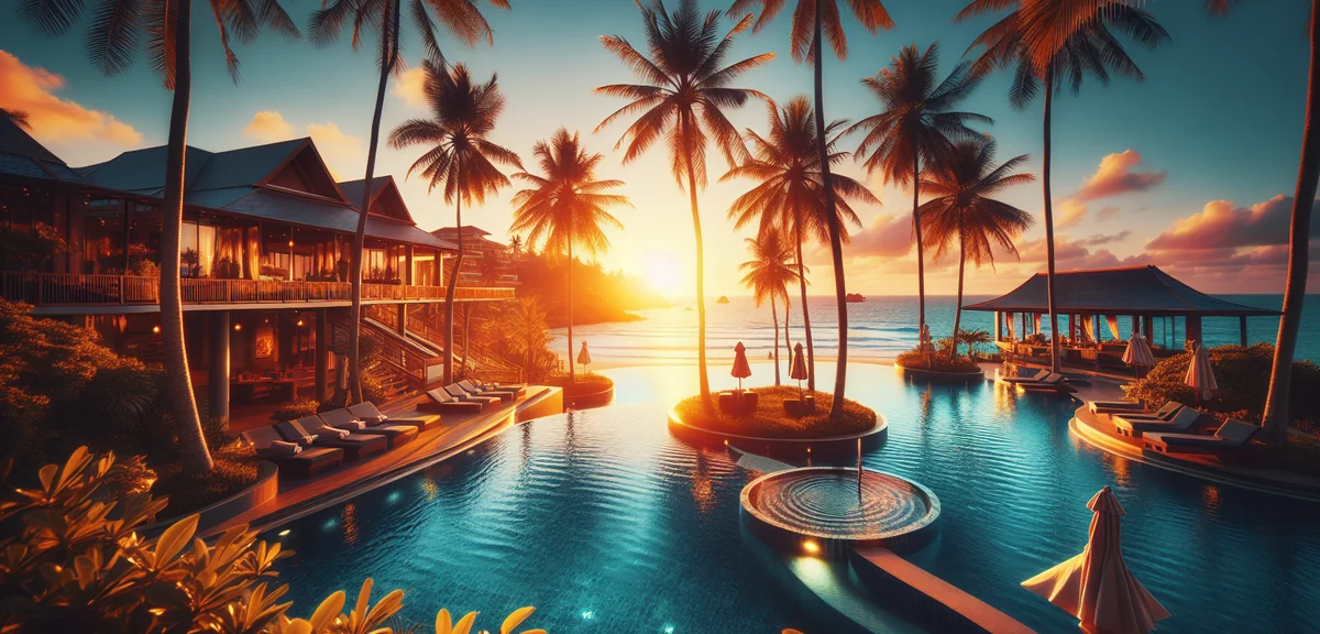 Beautiful tropical resort swimming pool with ocean view, luxury vacation destination, palm trees and
