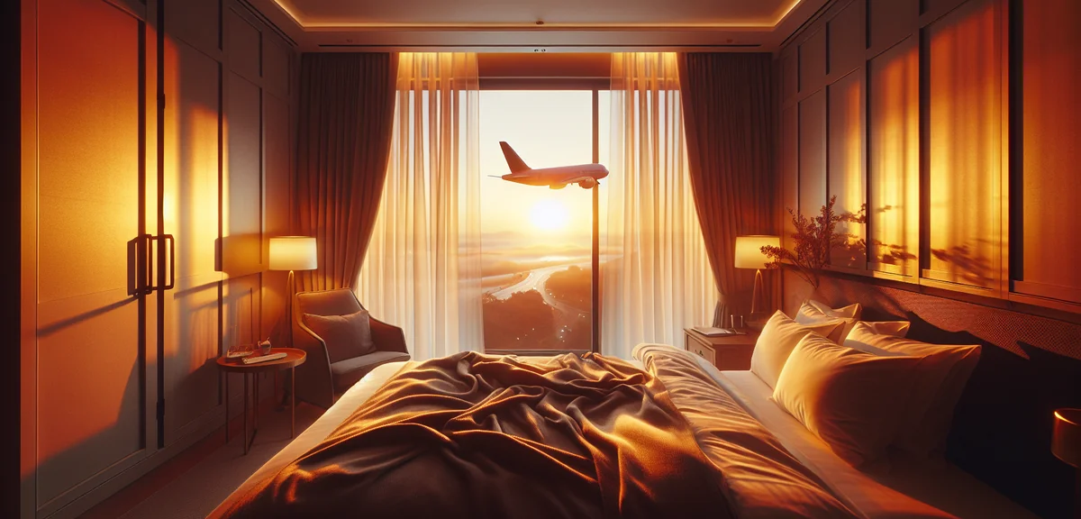 Comfortable hotel room with view of airplane through window at dawn, cozy travel accommodation, warm
