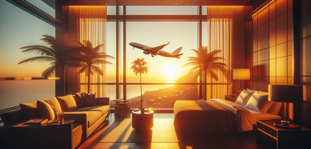 Comfortable hotel room with view of airplane through window at dawn, cozy travel accommodation, warm