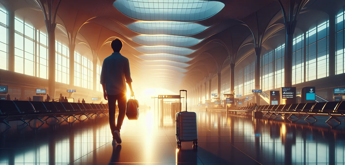 Traveler with suitcase walking through modern airport terminal early morning, departure gates, profe