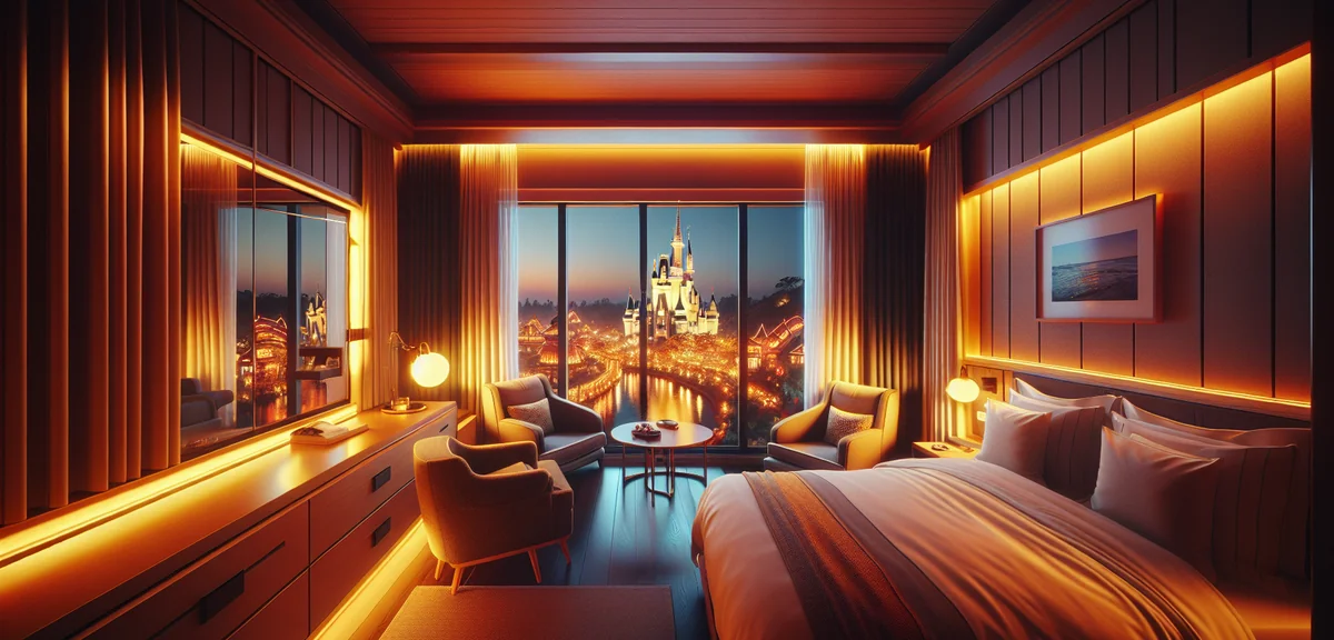 Comfortable hotel room with theme park view at night, modern Japanese hotel interior, warm lighting,