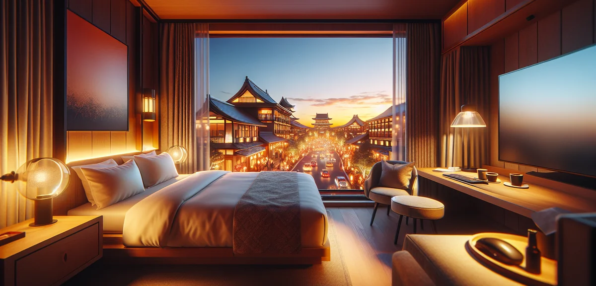 Comfortable hotel room with theme park view at night, modern Japanese hotel interior, warm lighting,