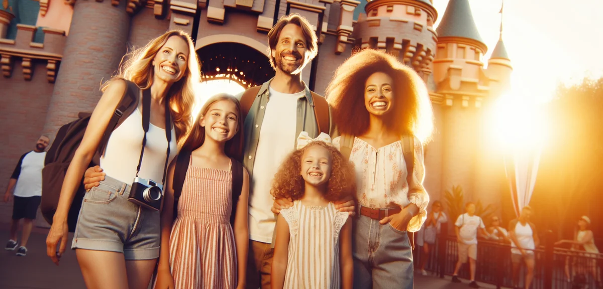 Happy family with children at theme park entrance, excited vacation atmosphere, professional lifesty