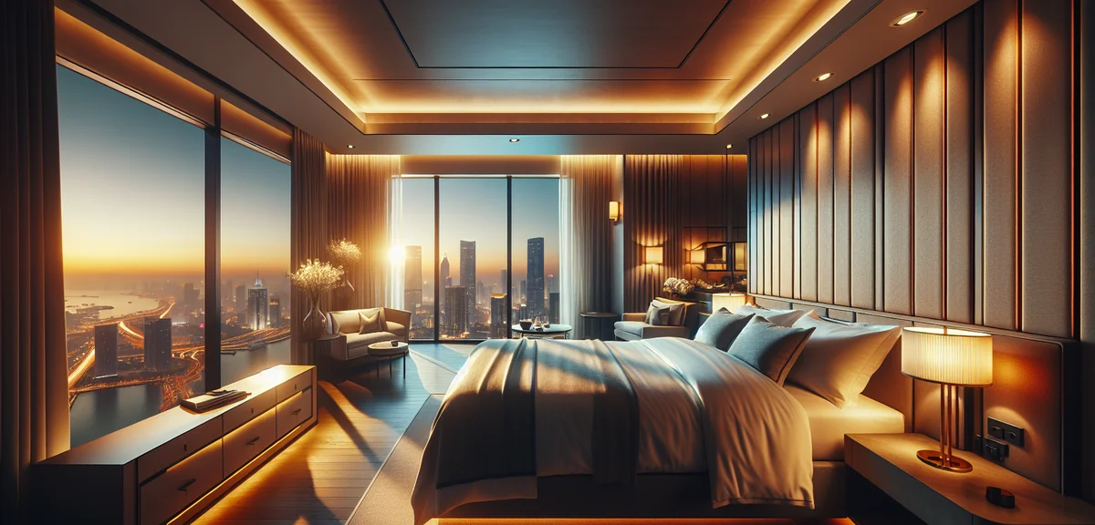 Elegant luxury hotel room with king size bed and city skyline view at night, modern interior design,