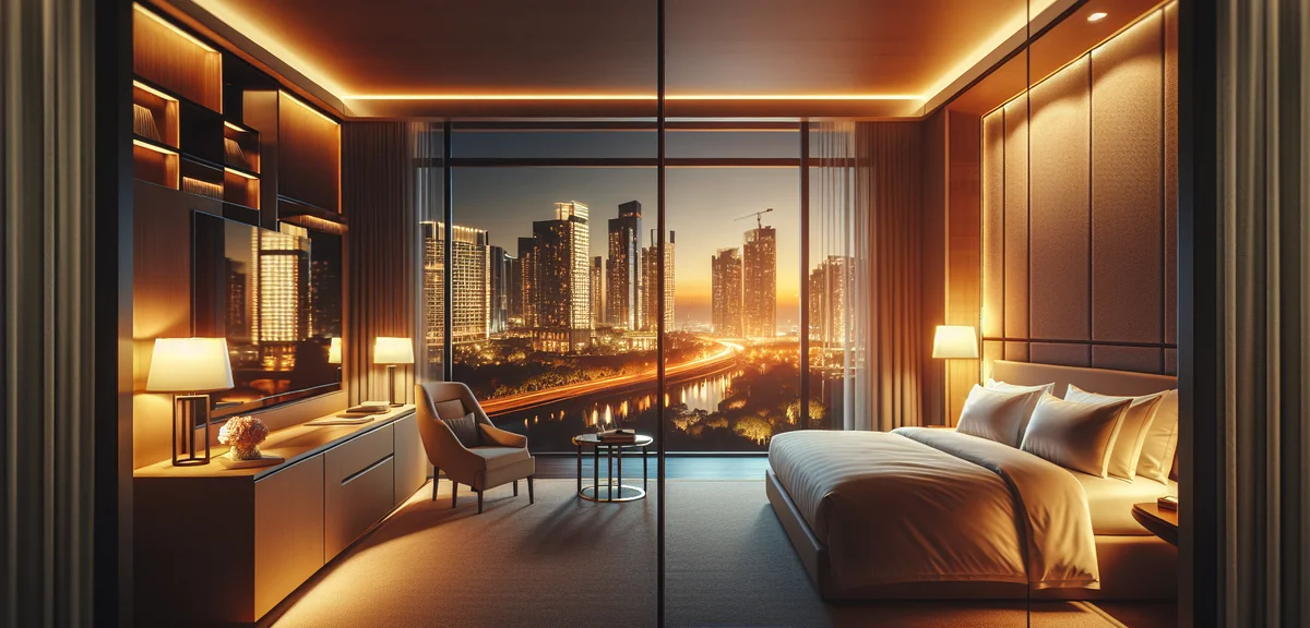 Elegant luxury hotel room with king size bed and city skyline view at night, modern interior design,