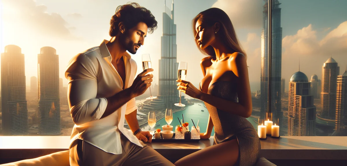 Couple enjoying champagne at luxury hotel rooftop bar with panoramic city view, romantic atmosphere,