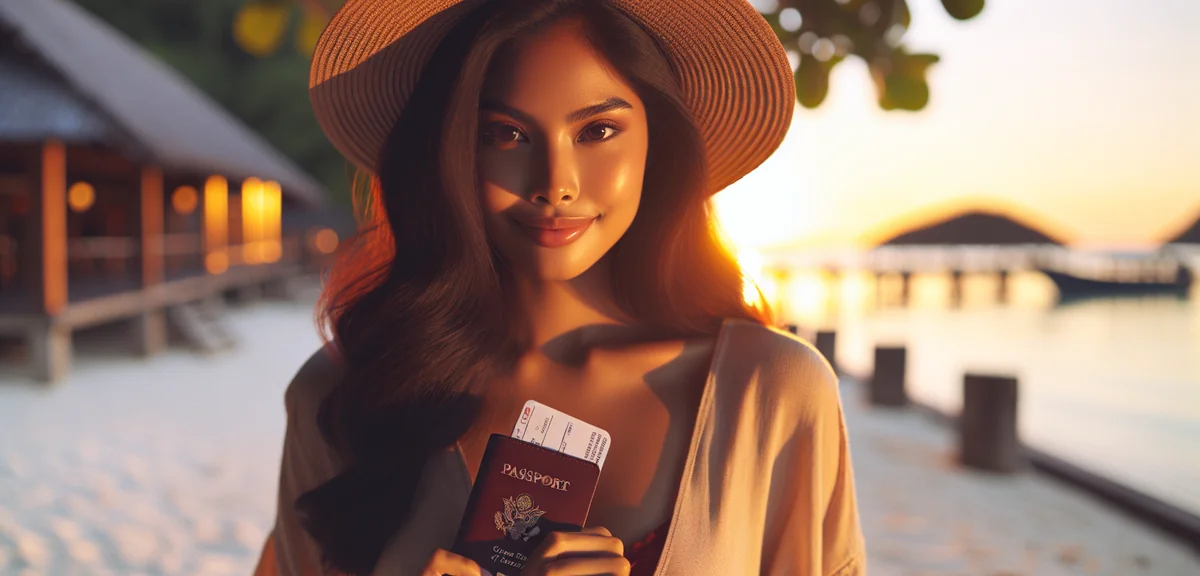 Person holding JTB travel voucher and passport, travel planning concept, warm lighting, professional