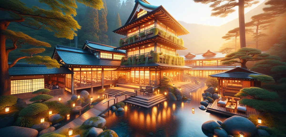 Beautiful Japanese hot spring resort ryokan with traditional garden, dream vacation destination, pro
