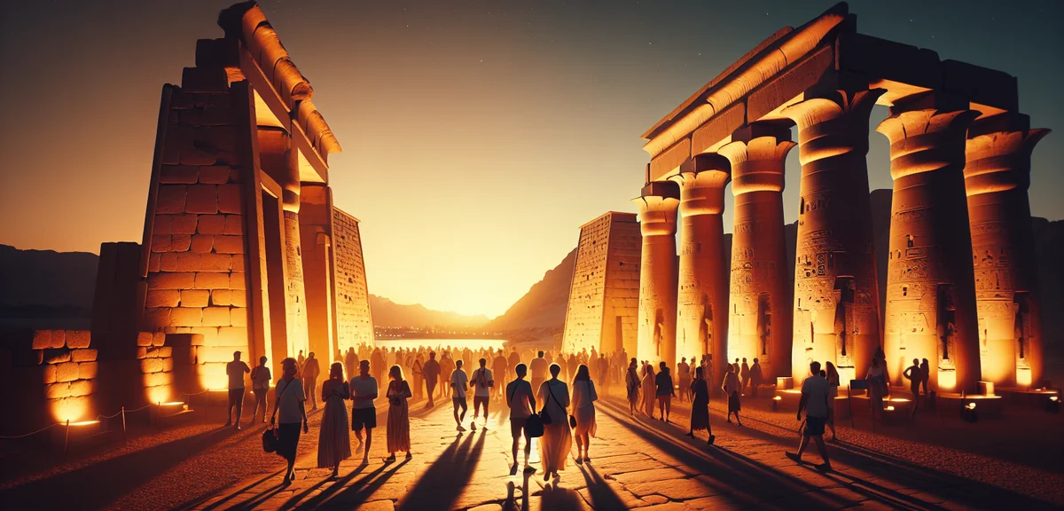 Ancient Luxor Temple illuminated at night with tourists, Egyptian ruins, professional travel photogr