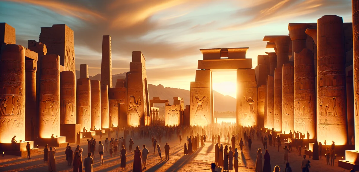 Ancient Luxor Temple illuminated at night with tourists, Egyptian ruins, professional travel photogr