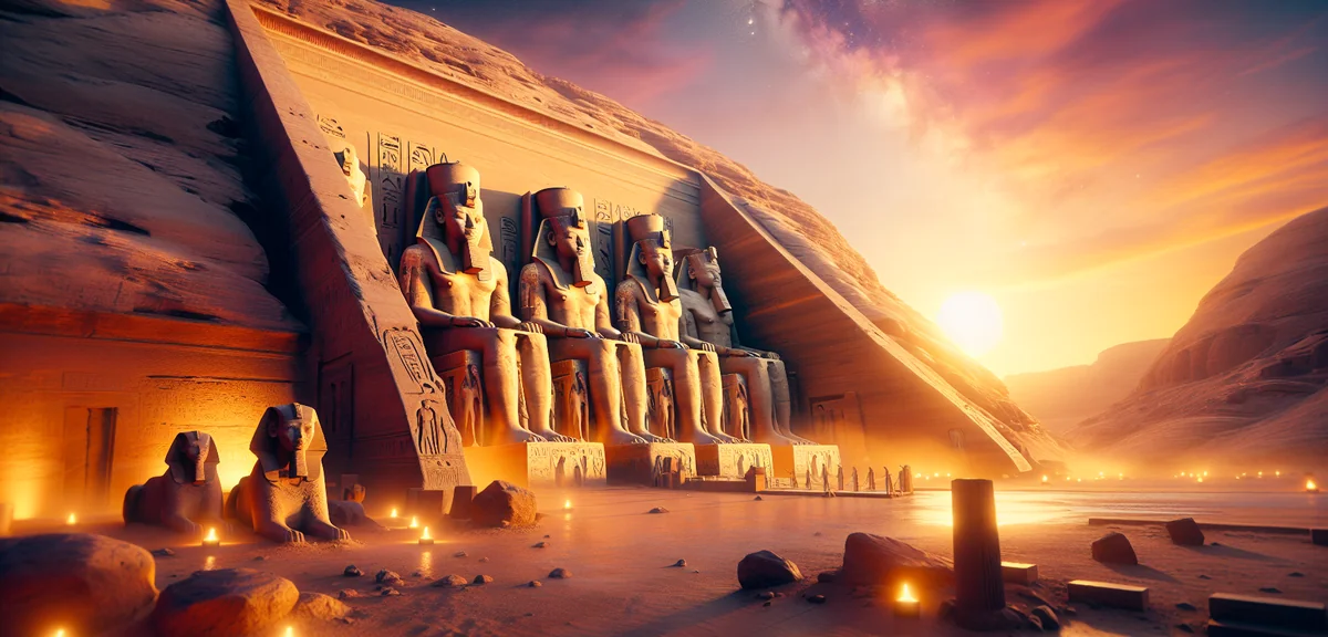 Abu Simbel temples with massive pharaoh statues at sunrise, Egyptian monuments, professional travel 