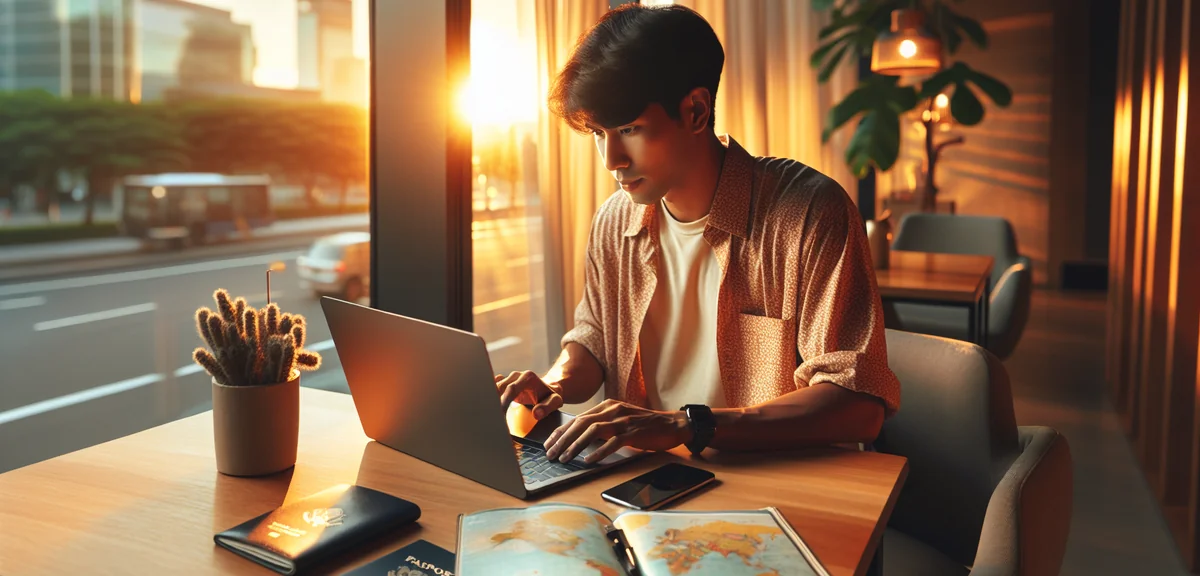 Person booking hotel on laptop with passport and world map, travel planning concept, modern workspac