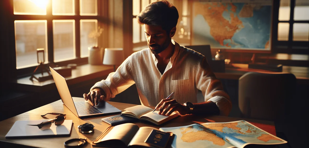 Person booking hotel on laptop with passport and world map, travel planning concept, modern workspac