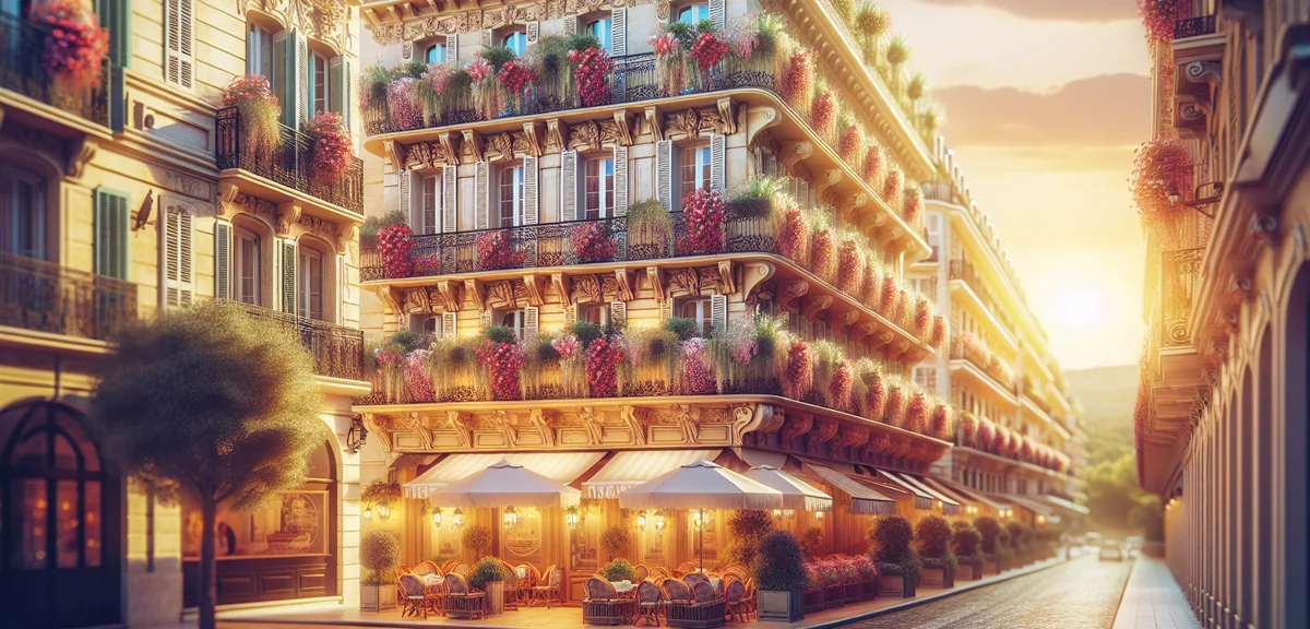 Beautiful European boutique hotel exterior with flower balconies, charming street cafe, professional