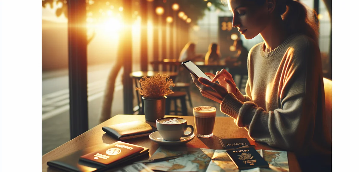 Person using smartphone to check travel savings app with coffee cup and passport on cafe table, brig