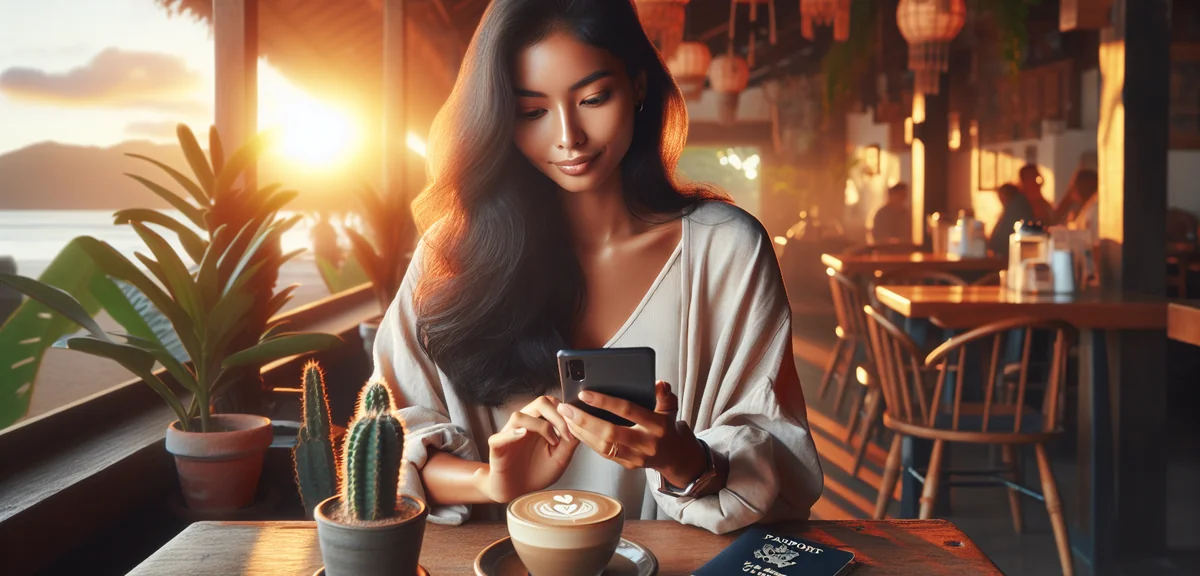 Person using smartphone to check travel savings app with coffee cup and passport on cafe table, brig