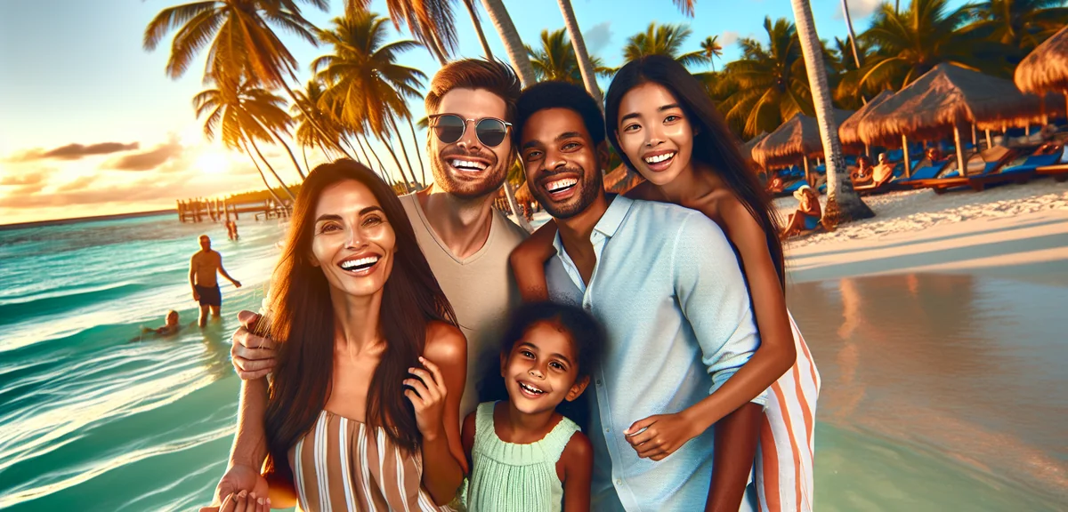Happy family at tropical beach resort with palm trees and turquoise ocean, golden hour lighting, pro