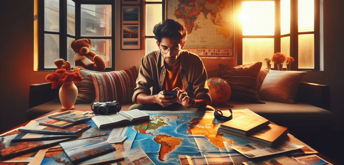 Person excitedly planning vacation on smartphone with colorful travel brochures and world map, warm 