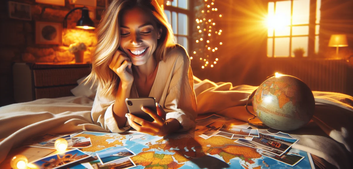 Person excitedly planning vacation on smartphone with colorful travel brochures and world map, warm 