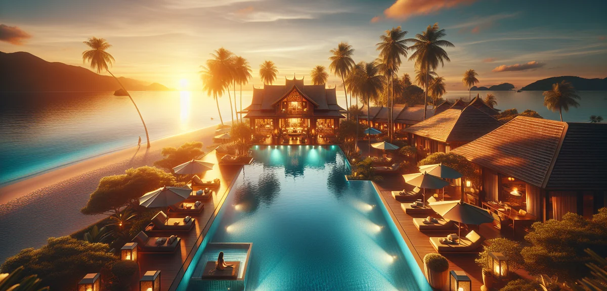 Luxury beachfront resort with infinity pool overlooking crystal blue ocean at sunset, cinematic trav