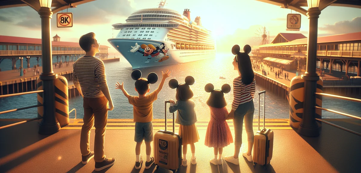 Excited family with Mickey Mouse ears looking at cruise ship from port terminal, bright sunny day, p