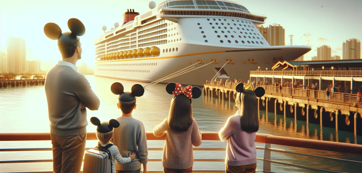 Excited family with Mickey Mouse ears looking at cruise ship from port terminal, bright sunny day, p