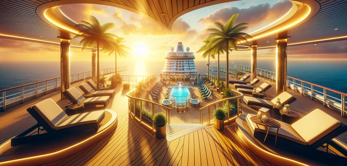 Elegant cruise ship deck with ocean view at sunset, lounge chairs and palm decorations, luxury trave