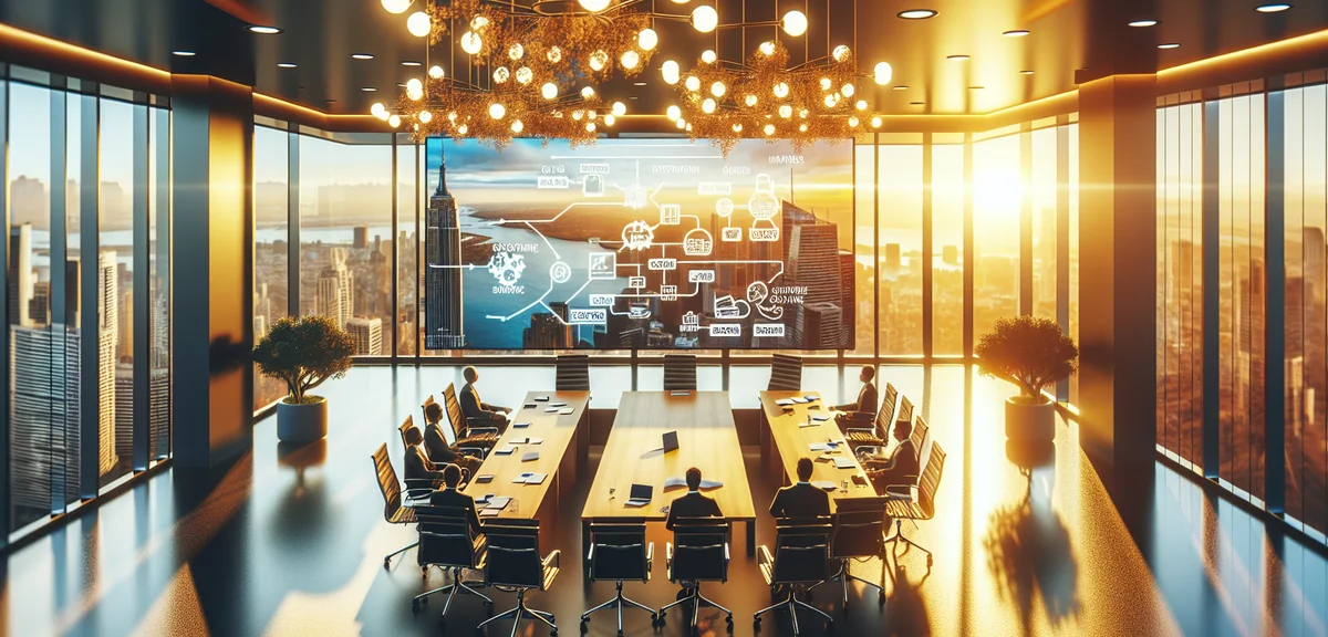 Modern office meeting room with business presentation showing travel industry supply chain diagram, 