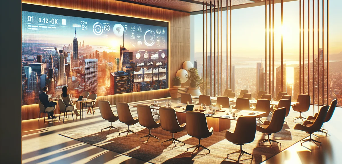 Modern office meeting room with business presentation showing travel industry supply chain diagram,