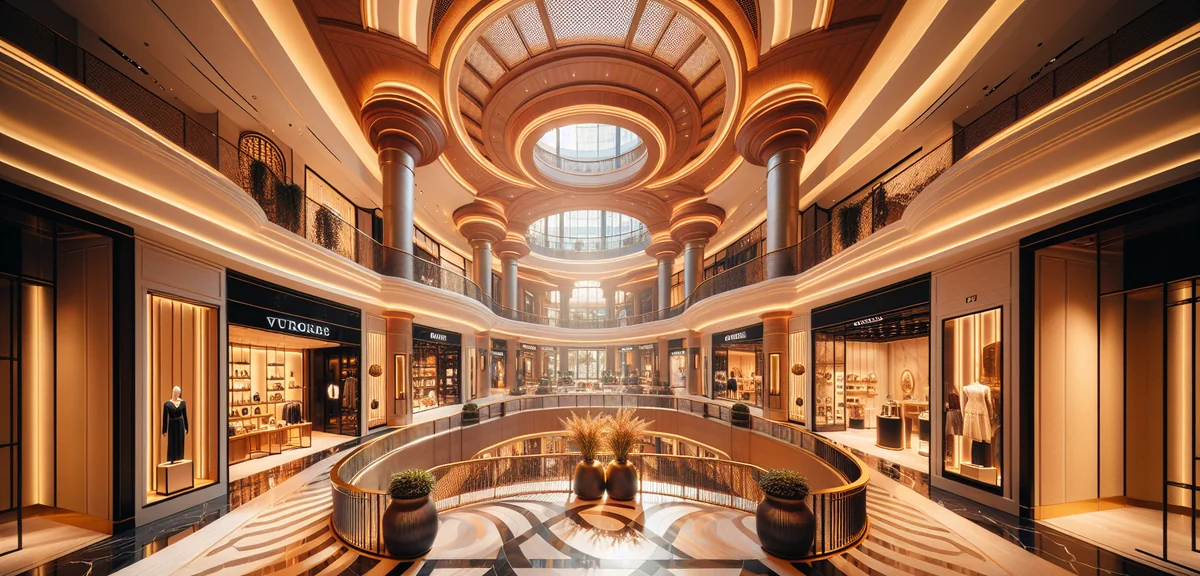 Luxury shopping mall interior with high-end brand stores, elegant modern architecture, professional 