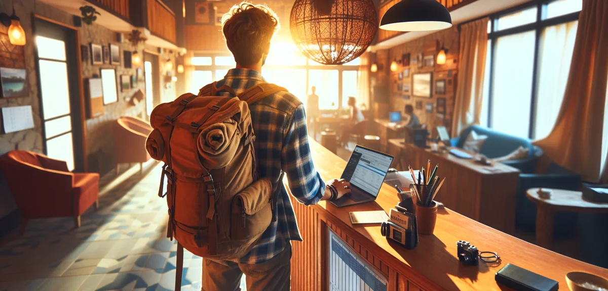 Solo backpacker traveler at hostel reception desk, casual atmosphere, natural lighting, professional