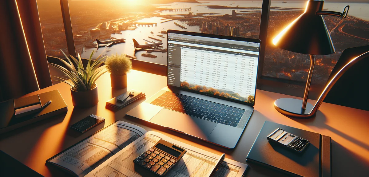 Calculator and laptop showing hotel price comparison spreadsheet, clean office desk setup, professio