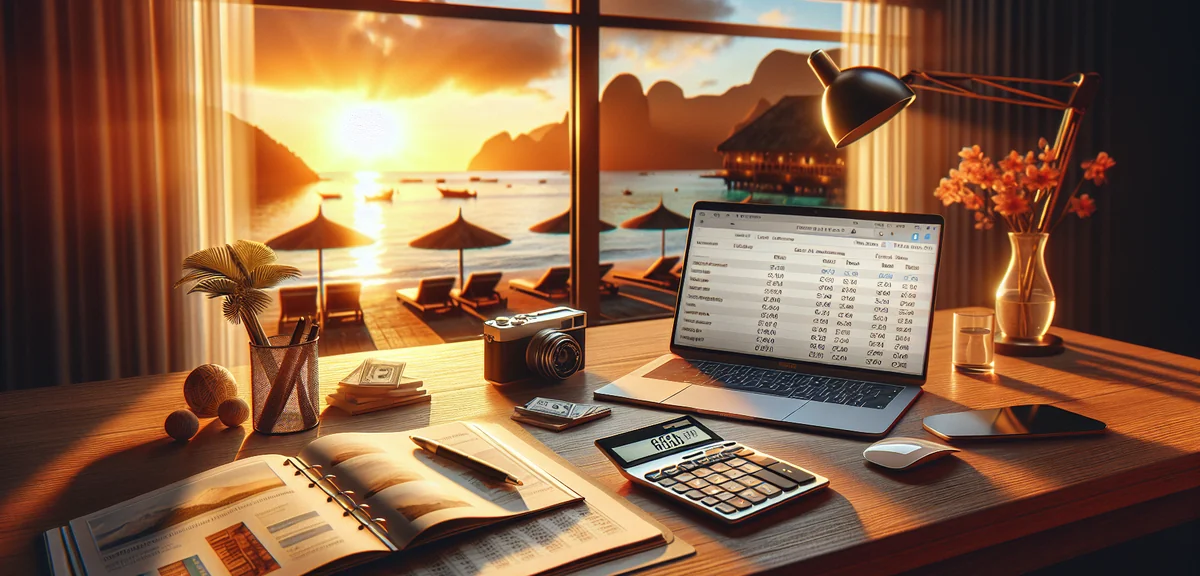 Calculator and laptop showing hotel price comparison spreadsheet, clean office desk setup, professio