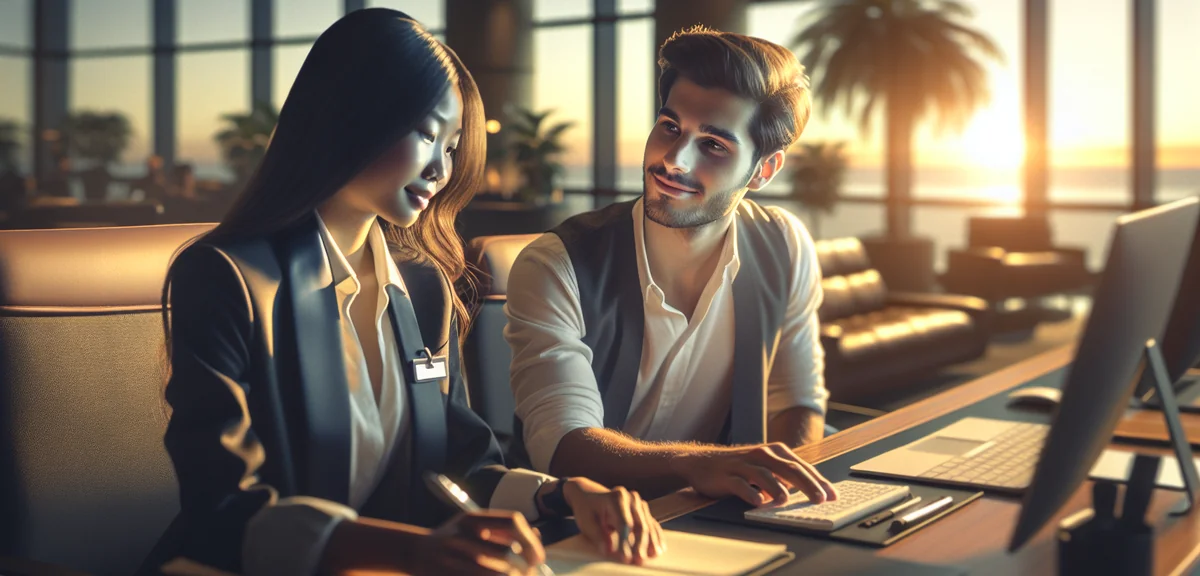 Customer service representative helping client at modern office desk, professional business photogra