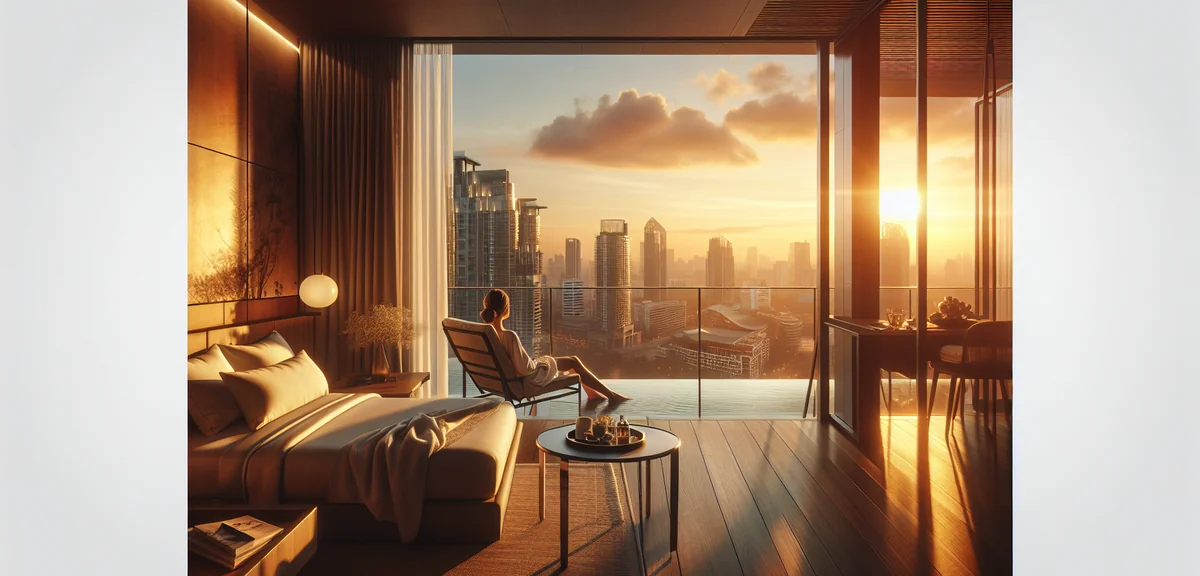 Traveler relaxing at luxury hotel room balcony overlooking city skyline at sunset, professional trav