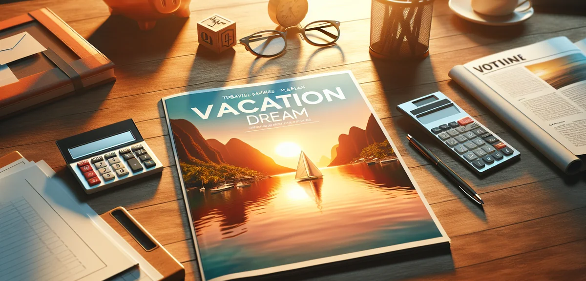 Close-up of travel savings plan brochure on wooden desk with calculator and pen, professional busine
