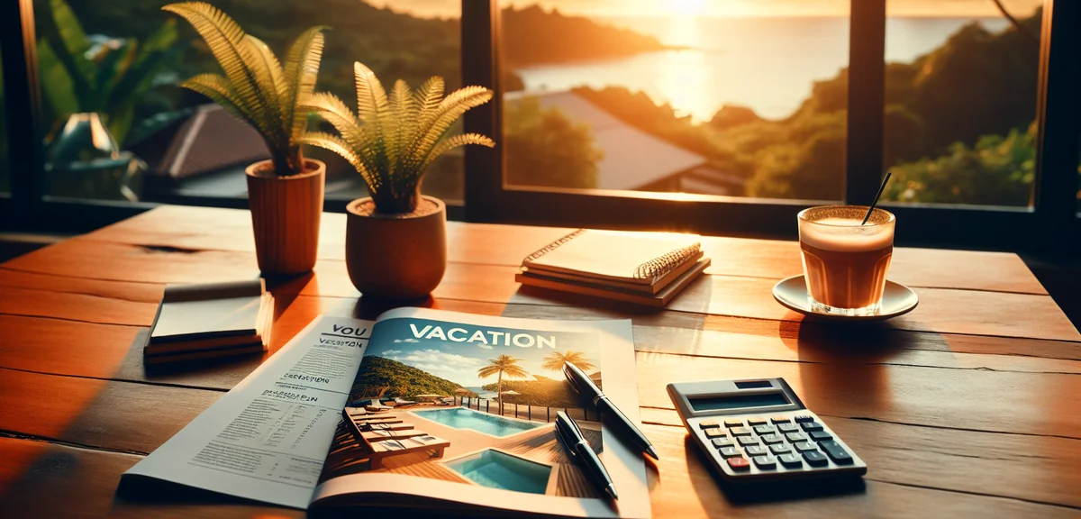 Close-up of travel savings plan brochure on wooden desk with calculator and pen, professional busine