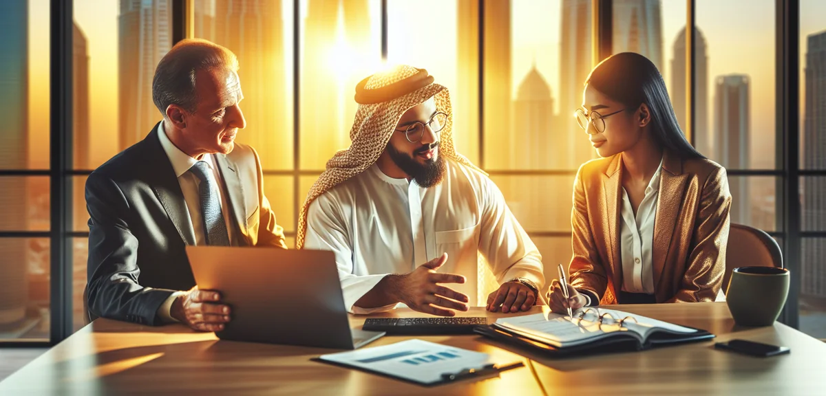 Financial advisor explaining documents to young couple at office, professional business photography,